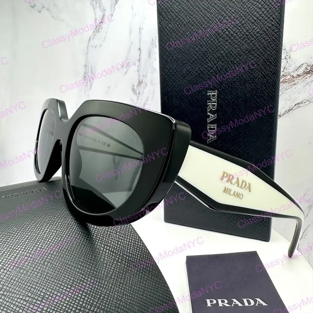 New PRADA Sunglasses Black White Talc Gold Symbole Oval Cat Eye Womens